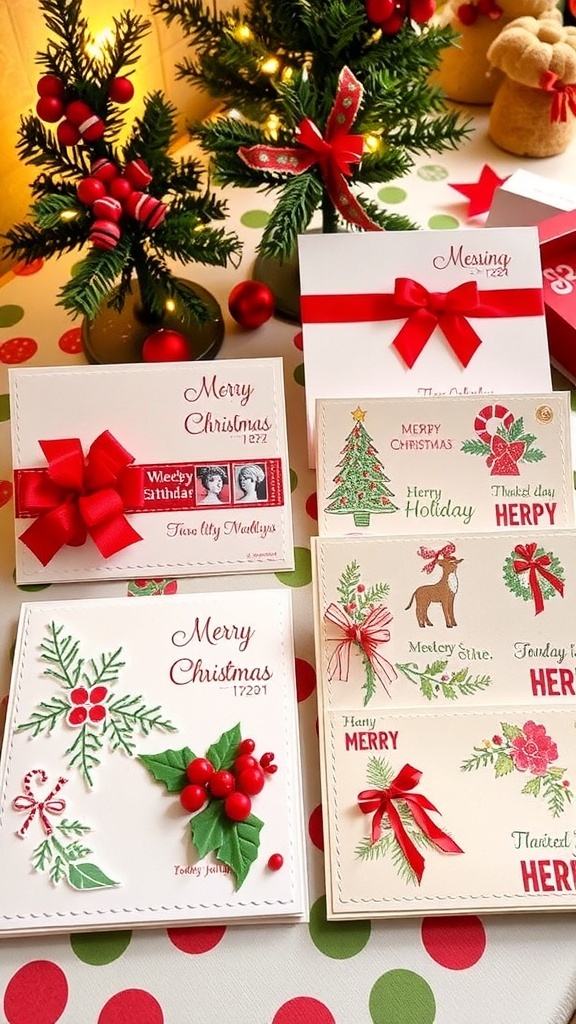 A collection of handmade horizontal Christmas cards with festive designs on a decorated table.